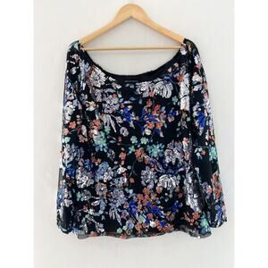 Boston Proper Floral Sequin Blouse XL Boatneck Mesh Glam Modest
